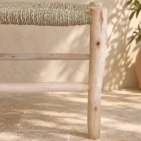 Handcrafted Moroccan Wooden Bench with Natural Woven Reed Seat – Rustic Boho Accent Seating