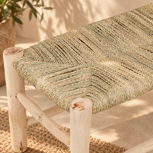 Handcrafted Moroccan Wooden Bench with Natural Woven Reed Seat – Rustic Boho Accent Seating
