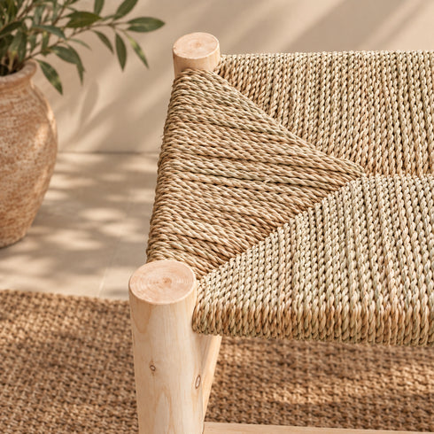 Handcrafted Moroccan Wooden Bench with Natural Woven Reed Seat – Rustic Boho Accent Seating