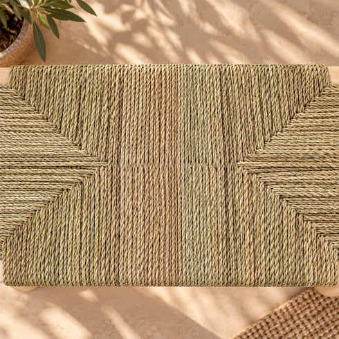 Handcrafted Moroccan Wooden Bench with Natural Woven Seagrass Seat – Rustic Boho Accent Seating