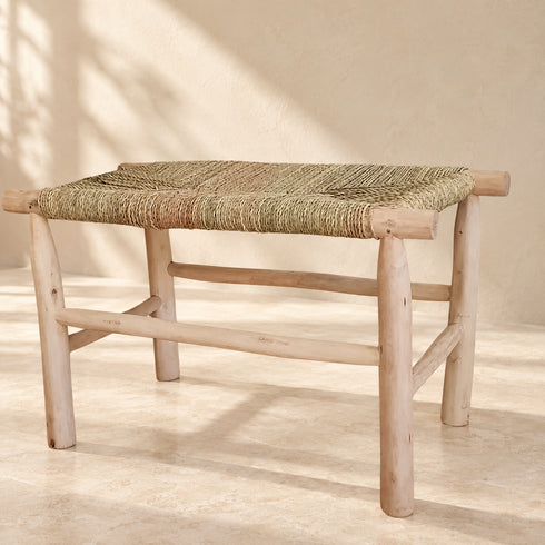 Handcrafted Moroccan Wooden Bench with Natural Woven Seagrass Seat – Rustic Boho Accent Seating