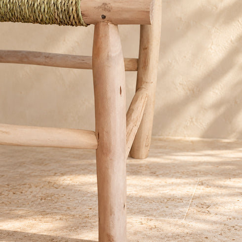 Handcrafted Moroccan Wooden Bench with Natural Woven Seagrass Seat – Rustic Boho Accent Seating