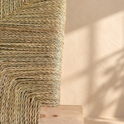 Handcrafted Moroccan Wooden Bench with Natural Woven Seagrass Seat – Rustic Boho Accent Seating