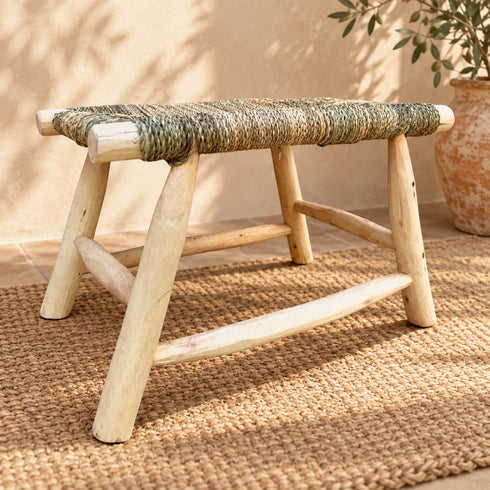 Handcrafted Moroccan Wooden Bench with Natural Woven Seagrass Seat – Rustic Boho Entryway Accent Bench