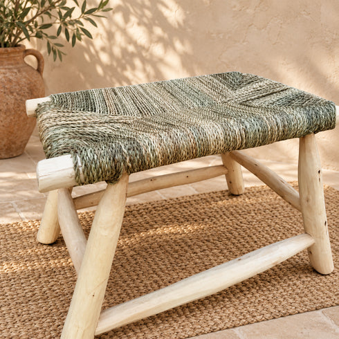 Handcrafted Moroccan Wooden Bench with Natural Woven Seagrass Seat – Rustic Boho Entryway Accent Bench