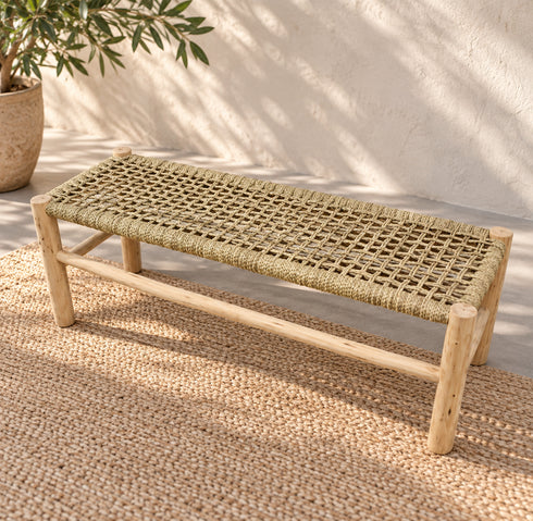 Handcrafted Moroccan Wooden Bench with Natural Woven Seagrass Seat – Rustic Boho Entryway Accent Bench