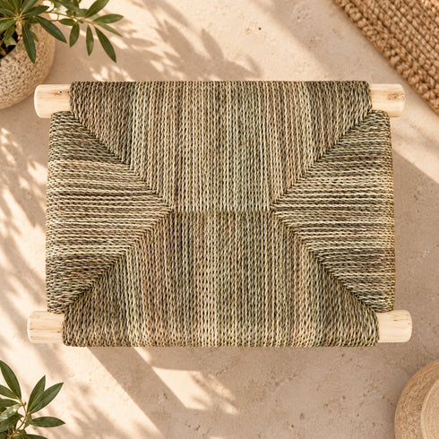 Handcrafted Moroccan Wooden Bench with Natural Woven Seagrass Seat – Rustic Boho Entryway Accent Bench