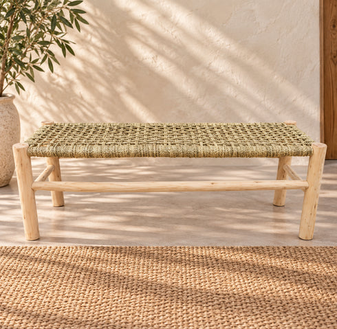 Handcrafted Moroccan Wooden Bench with Natural Woven Seagrass Seat – Rustic Boho Entryway Accent Bench