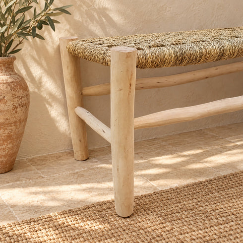 Handcrafted Moroccan Wooden Bench with Natural Woven Seagrass Seat – Rustic Boho Entryway Accent Bench
