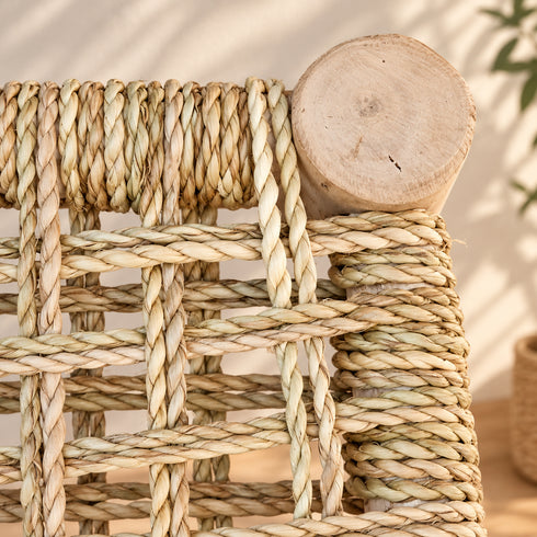 Handcrafted Moroccan Wooden Bench with Natural Woven Seagrass Seat – Rustic Boho Entryway Accent Bench