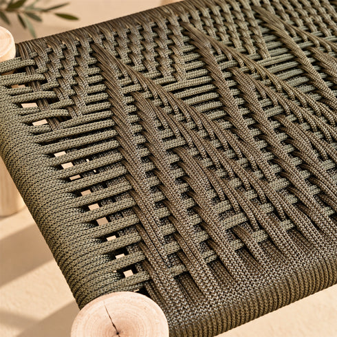 Handcrafted Moroccan Wooden Bench with Olive Green Woven Rope Seat – Rustic Boho Entryway & Home Décor