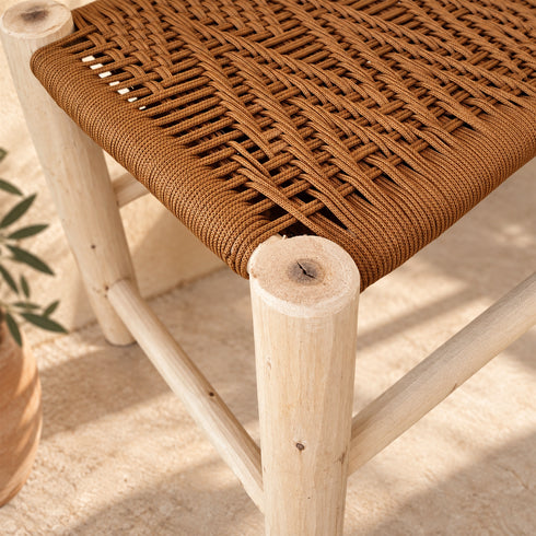 Handcrafted Moroccan Wooden Bench with Olive Green Woven Rope Seat – Rustic Boho Entryway & Home Décor