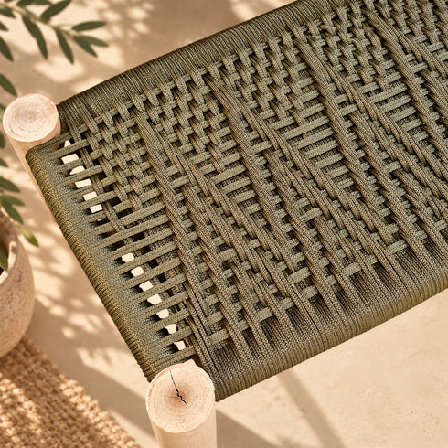 Handcrafted Moroccan Wooden Bench with Olive Green Woven Rope Seat – Rustic Boho Entryway & Home Décor