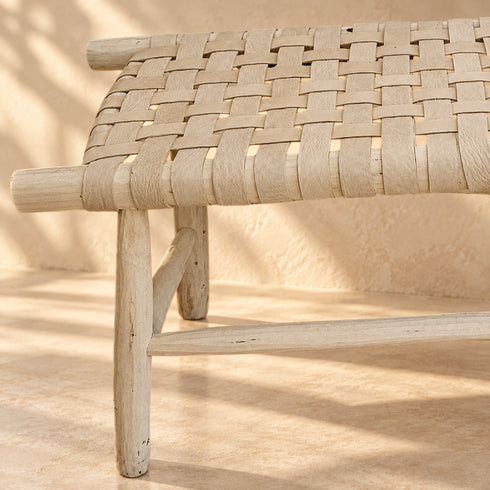 Handcrafted Moroccan Wooden Bench with Woven Natural Leather Seat – Rustic Boho Entryway and Accent Bench