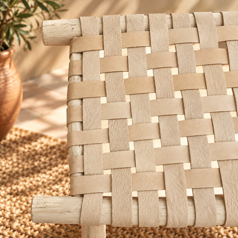 Handcrafted Moroccan Wooden Bench with Woven Natural Leather Seat – Rustic Boho Entryway and Accent Bench