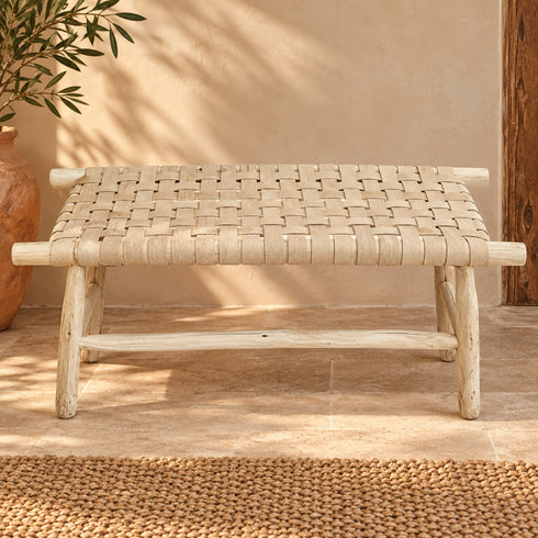 Handcrafted Moroccan Wooden Bench with Woven Natural Leather Seat – Rustic Boho Entryway and Accent Bench
