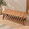 Handcrafted Moroccan Woven Leather Bench with Rustic Wooden Frame and Lower Storage Shelf
