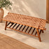 Handcrafted Moroccan Woven Leather Bench with Rustic Wooden Frame and Lower Storage Shelf