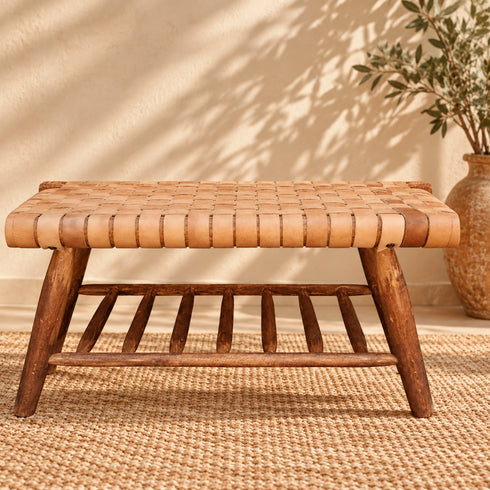 Handcrafted Moroccan Woven Leather Bench with Rustic Wooden Frame and Lower Storage Shelf