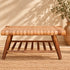 Handcrafted Moroccan Woven Leather Bench with Rustic Wooden Frame and Lower Storage Shelf