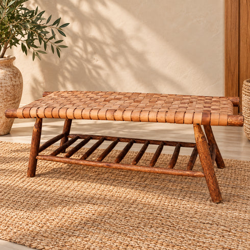 Handcrafted Moroccan Woven Leather Bench with Rustic Wooden Frame and Lower Storage Shelf