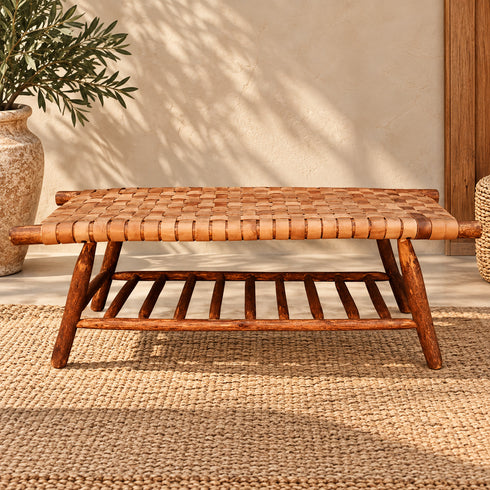 Handcrafted Moroccan Woven Leather Bench with Rustic Wooden Frame and Lower Storage Shelf