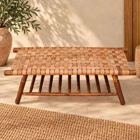 Handcrafted Moroccan Woven Leather Bench with Rustic Wooden Frame and Lower Storage Shelf