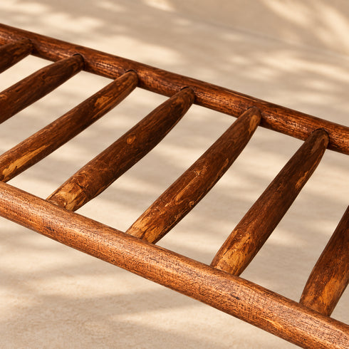 Handcrafted Moroccan Woven Leather Bench with Rustic Wooden Frame and Lower Storage Shelf
