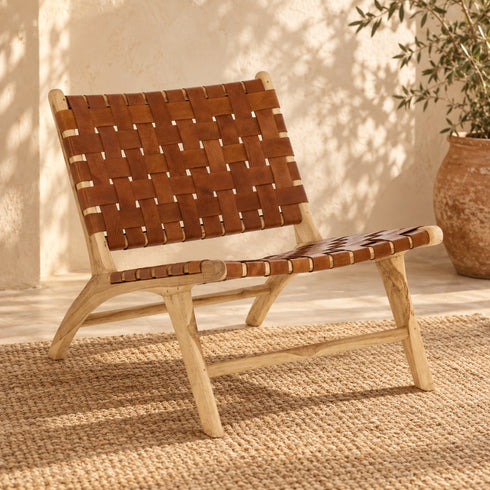Handcrafted Moroccan Woven Leather Lounge Chair with Natural Wooden Frame – Rustic Boho Accent Chair