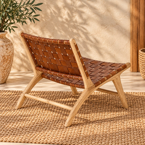 Handcrafted Moroccan Woven Leather Lounge Chair with Natural Wooden Frame – Rustic Boho Accent Chair