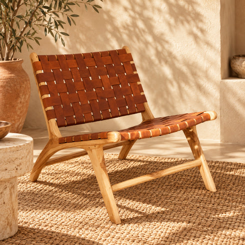 Handcrafted Moroccan Woven Leather Lounge Chair with Natural Wooden Frame – Rustic Boho Accent Chair