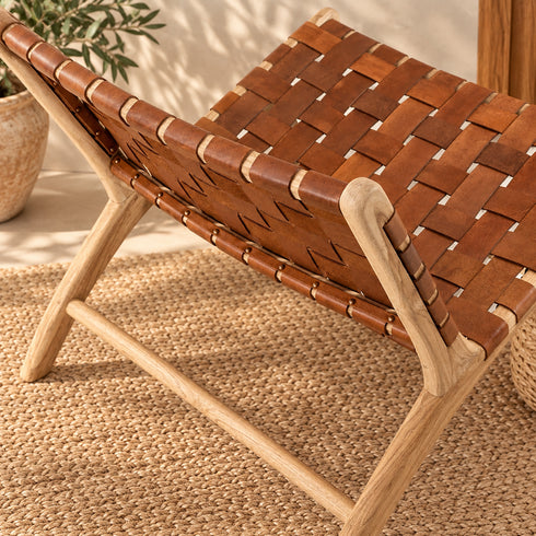 Handcrafted Moroccan Woven Leather Lounge Chair with Natural Wooden Frame – Rustic Boho Accent Chair