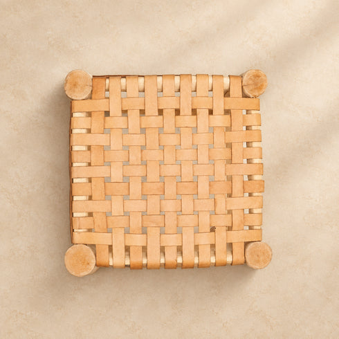 Handcrafted Moroccan Woven Leather Stool with Natural Wooden Frame – Rustic Boho Accent Seat