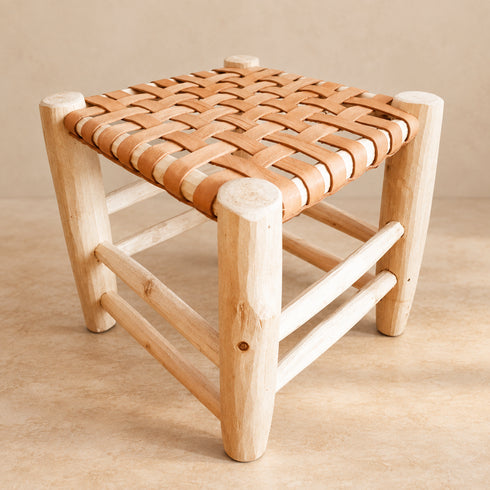 Handcrafted Moroccan Woven Leather Stool with Natural Wooden Frame – Rustic Boho Accent Seat