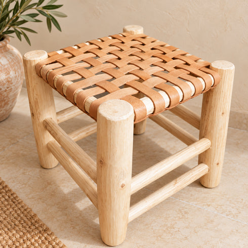 Handcrafted Moroccan Woven Leather Stool with Natural Wooden Frame – Rustic Boho Accent Seat