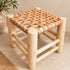 Handcrafted Moroccan Woven Leather Stool with Natural Wooden Frame – Rustic Boho Accent Seat
