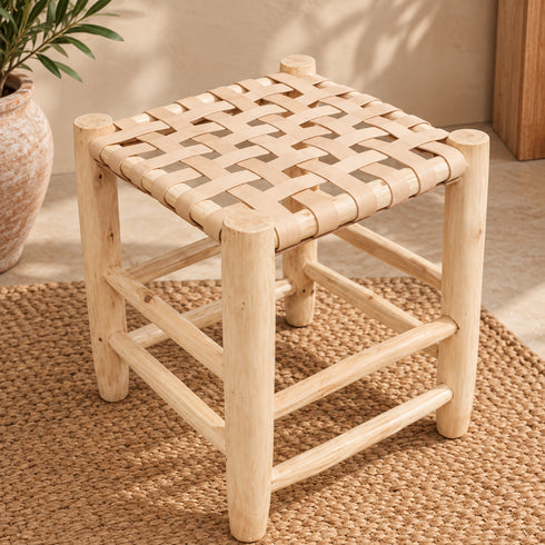 Handcrafted Moroccan Woven Leather Stool with Natural Wooden Frame – Rustic Boho Accent Seat