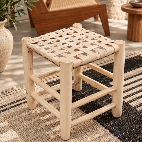 Handcrafted Moroccan Woven Leather Stool with Natural Wooden Frame – Rustic Boho Accent Seat