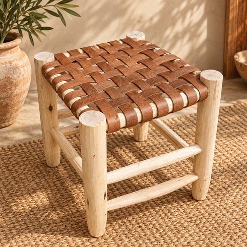 Handcrafted Moroccan Woven Leather Stool with Natural Wooden Frame – Rustic Boho Accent Seat