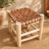 Handcrafted Moroccan Woven Leather Stool with Natural Wooden Frame – Rustic Boho Accent Seat