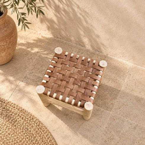 Handcrafted Moroccan Woven Leather Stool with Natural Wooden Frame – Rustic Boho Accent Seat