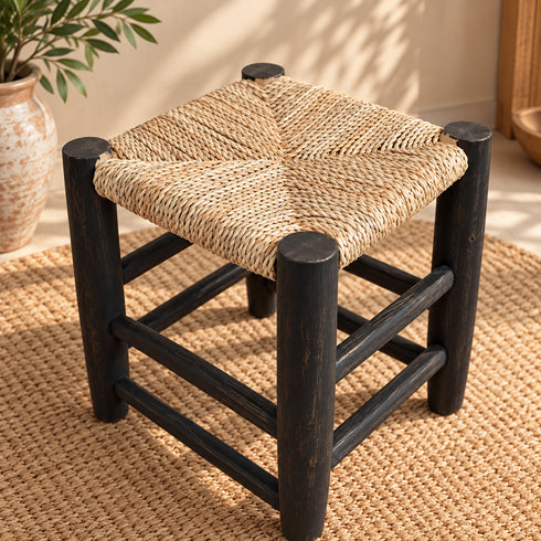 Handcrafted Moroccan Woven Leather Stool with Natural Wooden Frame – Rustic Boho Accent Seat