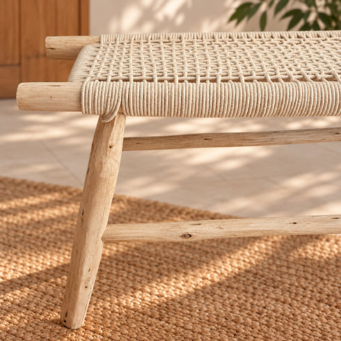 Handcrafted Moroccan Woven Rope Bench with Natural Wooden Frame – Rustic Boho Entryway & Bedroom Seat
