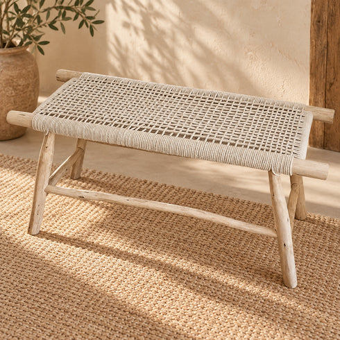 Handcrafted Moroccan Woven Rope Bench with Natural Wooden Frame – Rustic Boho Entryway & Bedroom Seat