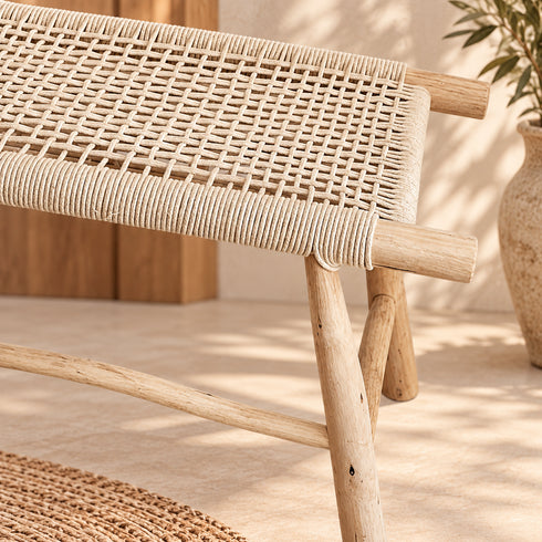 Handcrafted Moroccan Woven Rope Bench with Natural Wooden Frame – Rustic Boho Entryway & Bedroom Seat