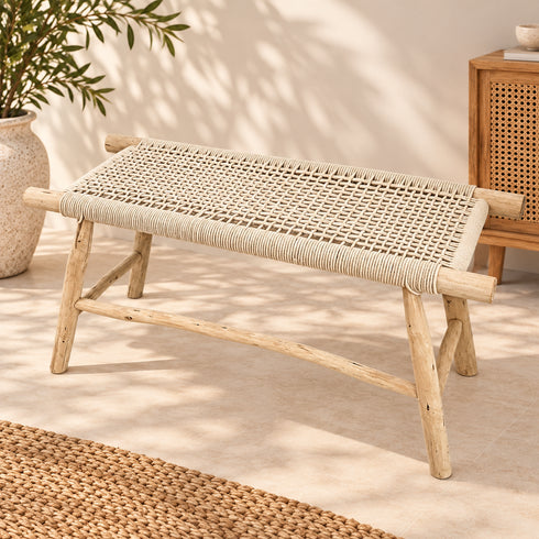 Handcrafted Moroccan Woven Rope Bench with Natural Wooden Frame – Rustic Boho Entryway & Bedroom Seat