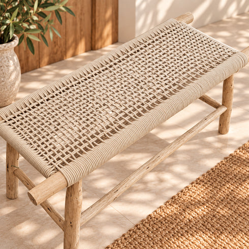 Handcrafted Moroccan Woven Rope Bench with Natural Wooden Frame – Rustic Boho Entryway & Bedroom Seat