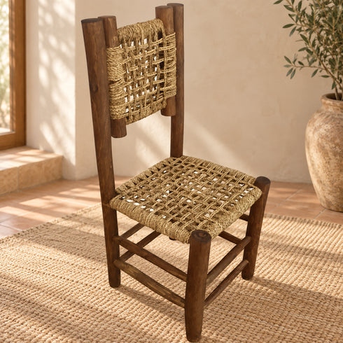 Handcrafted Moroccan Woven Rope Dining Chair with Rustic Wooden Frame