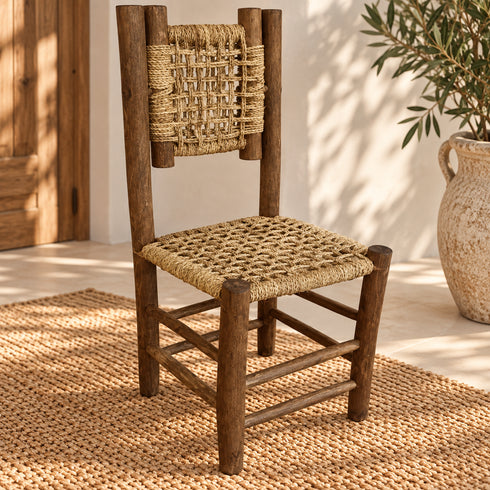 Handcrafted Moroccan Woven Rope Dining Chair with Rustic Wooden Frame