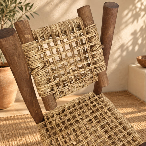 Handcrafted Moroccan Woven Rope Dining Chair with Rustic Wooden Frame